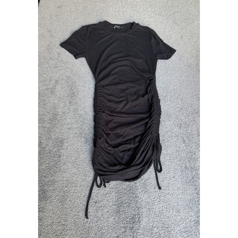 Papaya Black Ribbed Ruched Side Drawstring Bodycon Dress Large DY7416-PY